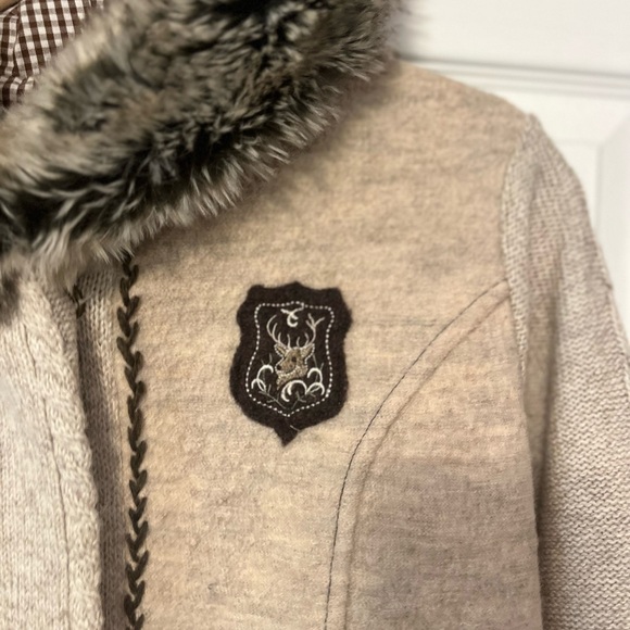 Alpin De Luxe Wool Jacket | Beige Fur Hooded Cardigan | 100% WOOL XXL fits M/L - Picture 3 of 6